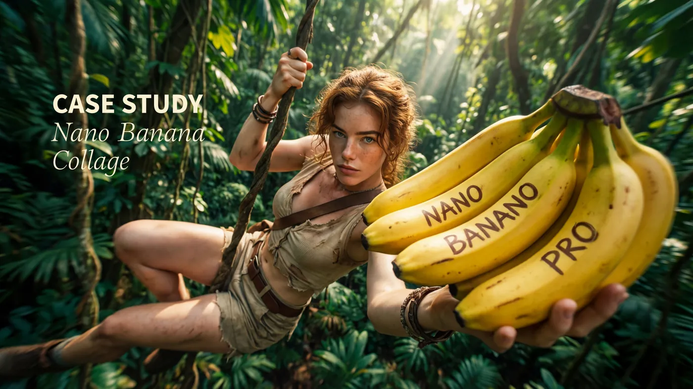Cover van de case study Nano Banana Collage, avonturier met tros bananen in de jungle